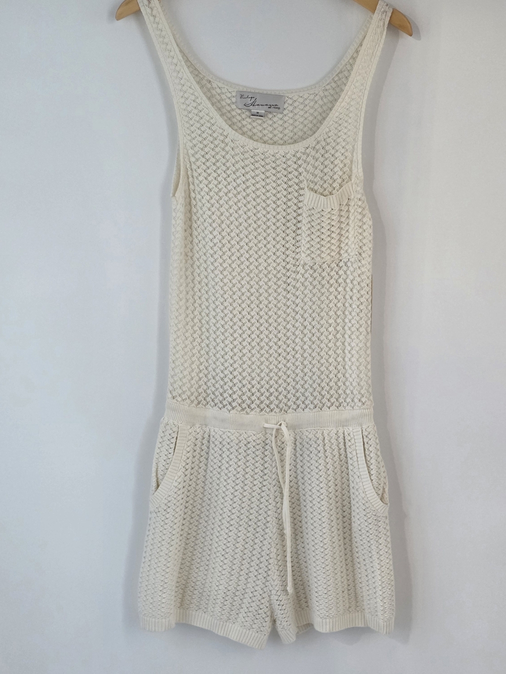 Vintage Havana Cream Crochet Knit Tank Romper with Pockets Womens Size Medium